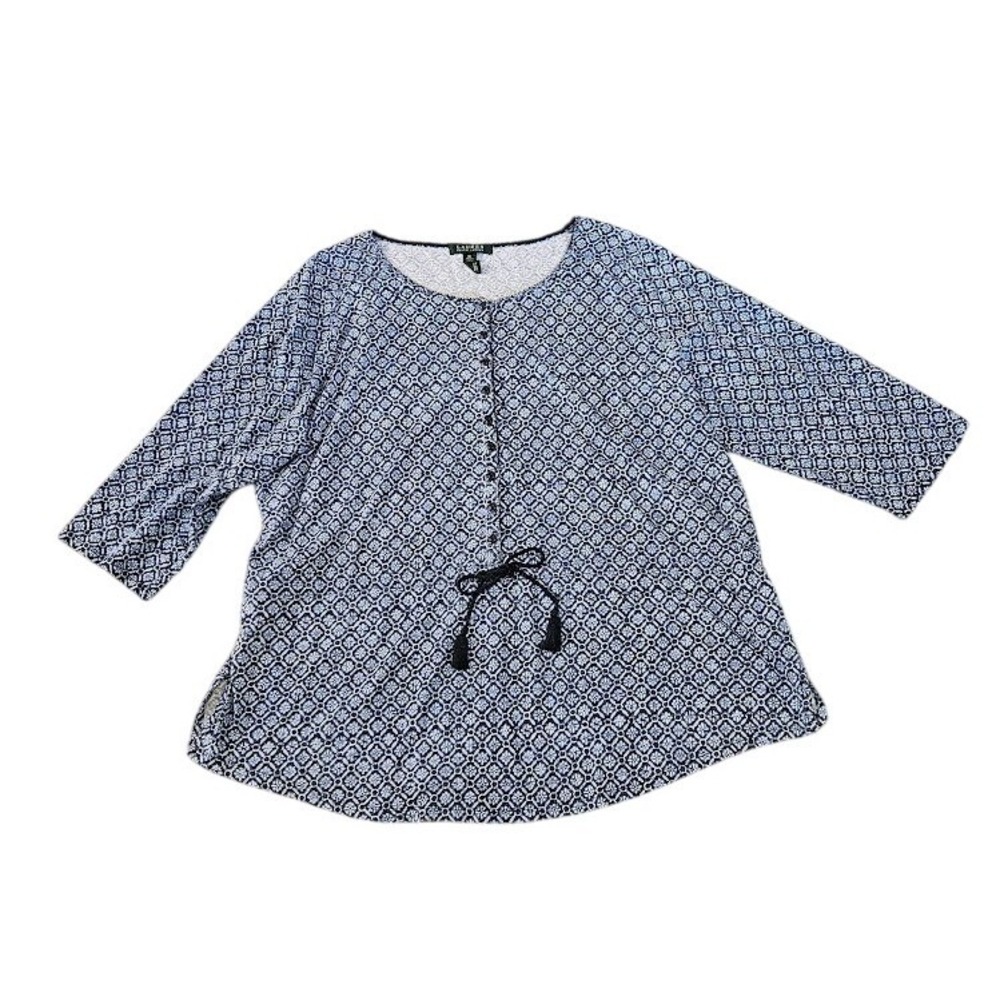 Lauren Ralph Lauren 3X Blue White Cotton Tile Print Tassel Tie 3/4 Sleeve Top